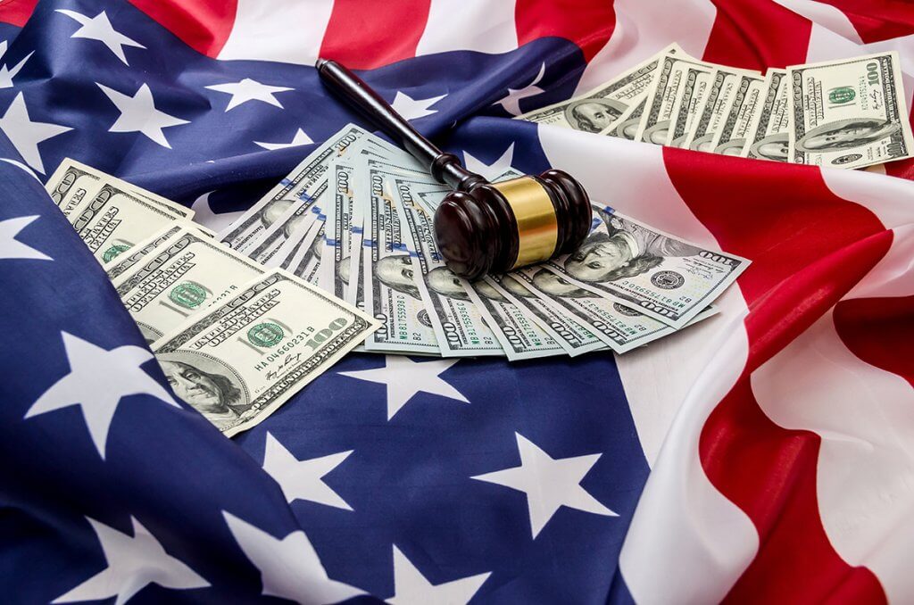 Business Partnerships US Flag, money, and gavel