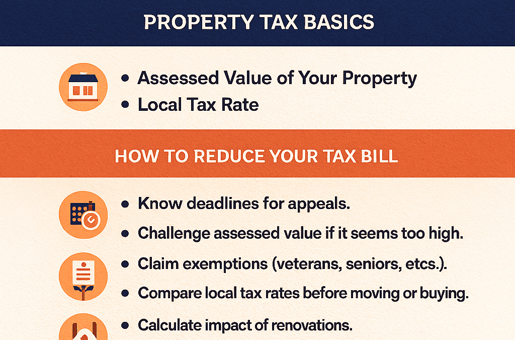 nfographic with 6 tips to lower property taxes, featuring icons and FSMC Bookkeeping call-to-action